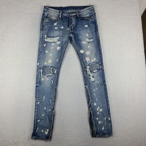 MNML Jeans Mens 31x33 Blue Skinny Ankle Zip Light Wash Distress Button Fly Denim